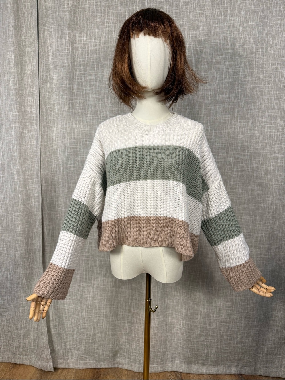 moon & madison Striped Crewneck Sweater in White, Sage & Taupe